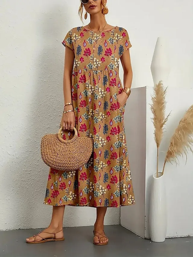 Women's Casual Dress Summer Dress Print Dress Floral Print Crew Neck Long Dress Maxi Dress Fashion Streetwear Outdoor Holiday Short Sleeve Regular Fit Yellow Red Blue Summer Spring S M L XL 2XL